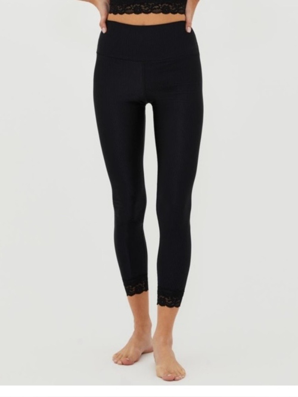 Beach Riot Sport Black Ribbed High-Waist Leggings with Lace Ankles